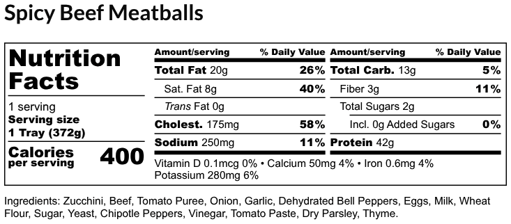 Nutritional Facts - Spicy Beef Meatballs 6oz